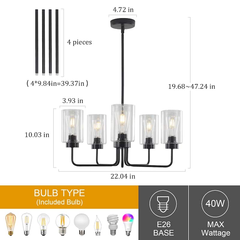 22" wide 5-light Glass Chandelier, Industrial Farmhouse Ceiling Light with Glass Lampshade for Living room, Dining room, Kitchen