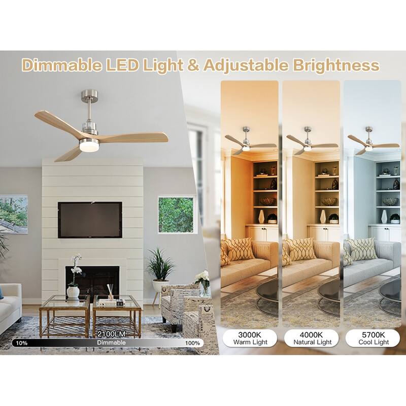 52" Solid Wood Noiseless 3-Blade Ceiling Fans with Dimmable LED Light Optional and Remote, 6-Speed Reversible DC Motor