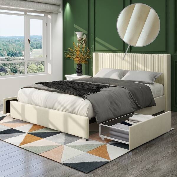 Queen Ivory Velvet Upholstered Bed With 2 Drawers