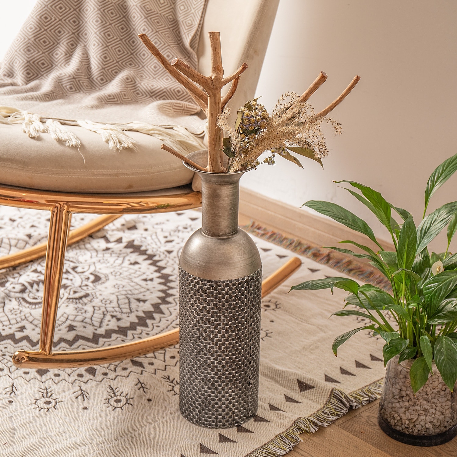 Metal Vase Decorative Silver Embossed Home Living Room Floor Table Desk 17 inch 