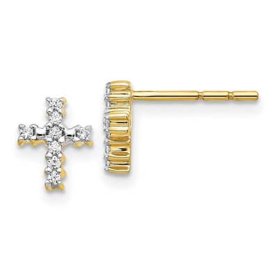 Curata 14k Gold Polished Diamond Religious Faith Cross Post Earrings - 8x6mm Wide