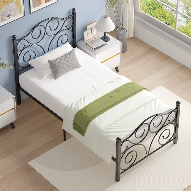 VECELO Twin Size Bed Frame with Headboard and Footboard, Heavy Duty Metal Slat Support