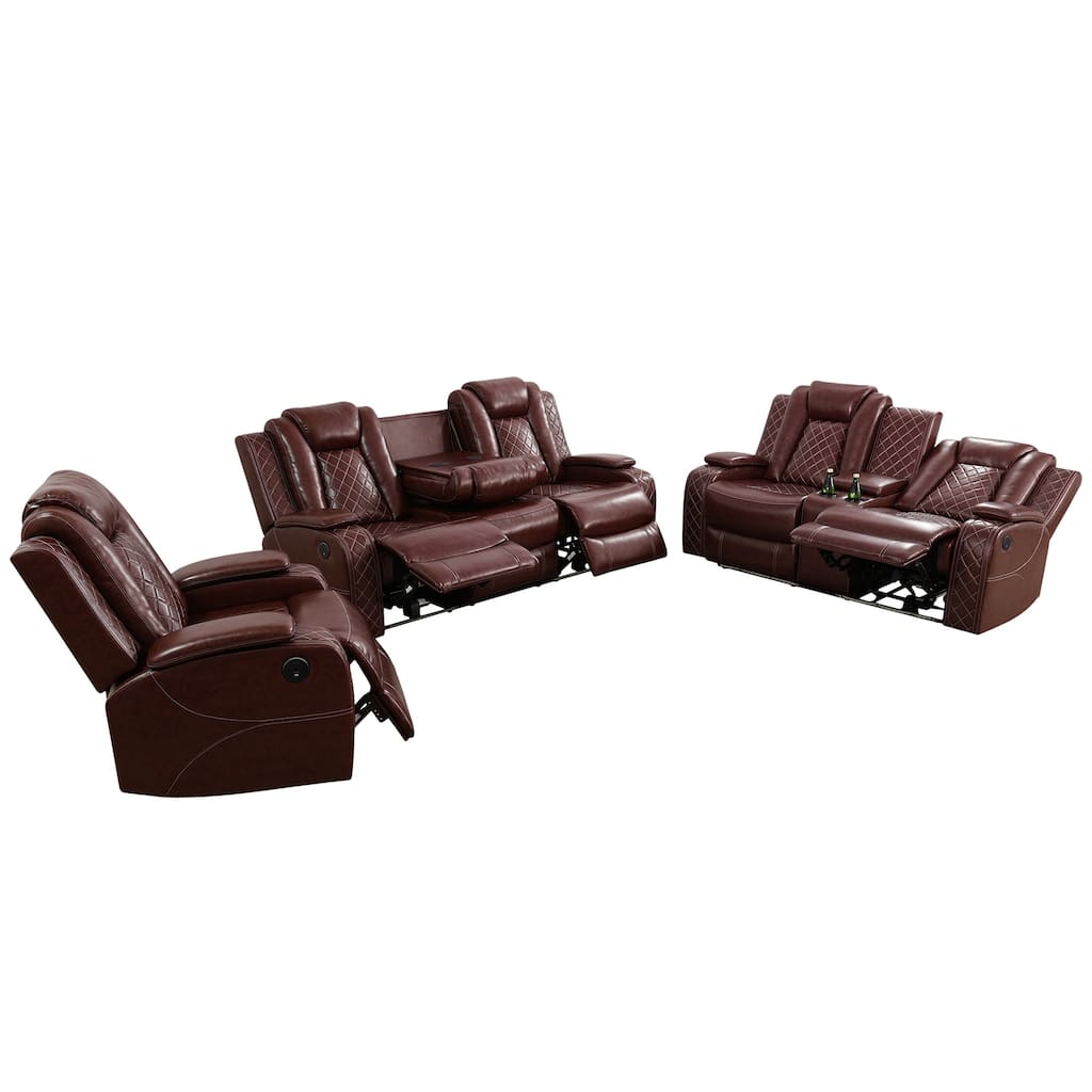 LED Breathing Leather 3-Piece Recliner Sofa Set for Living Room