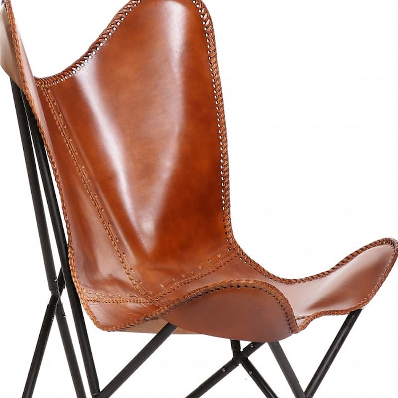 HomeRoots 32" Brown And Black Genuine Leather Butterfly Chair - 31.5' X '34.5' X '31.5