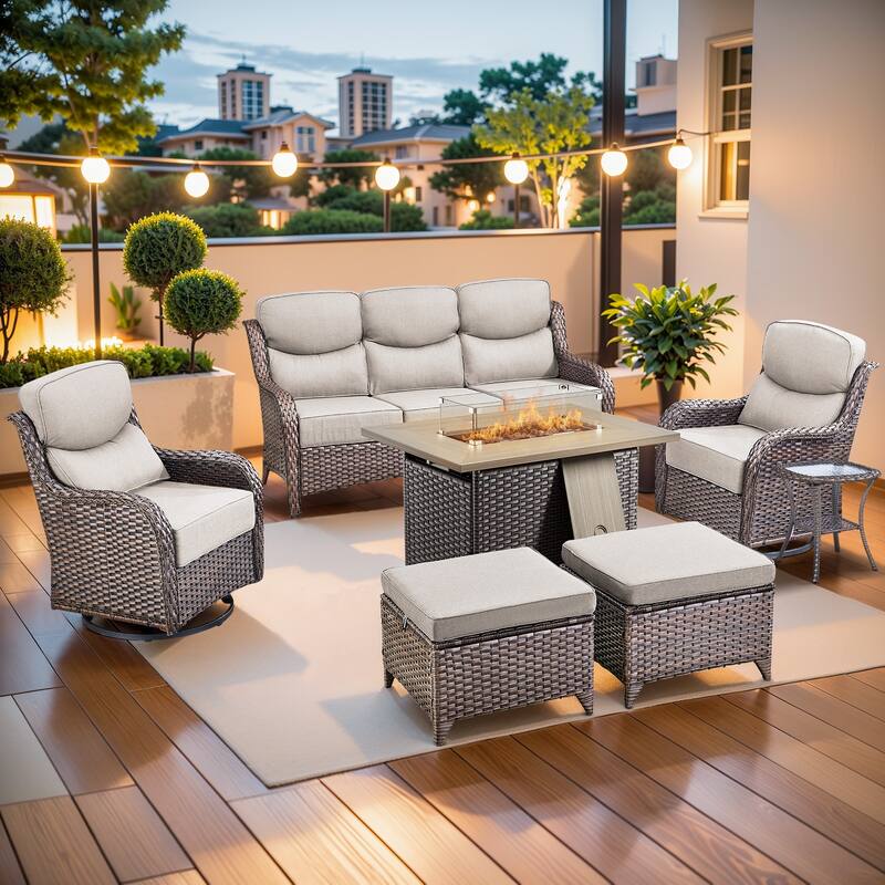 Pocassy Outdoor 6 Inch Sofa Chair Ottoman with Fire Pit Table Set - Brown Wicker Beige Cushion - 7 Pieces Sofa Chair Ottoman Table w/ Fire Table