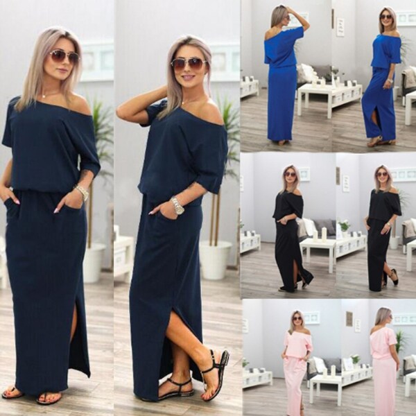 Women Sexy Long Side Split Loose Short Sleeve Evening Party Dress