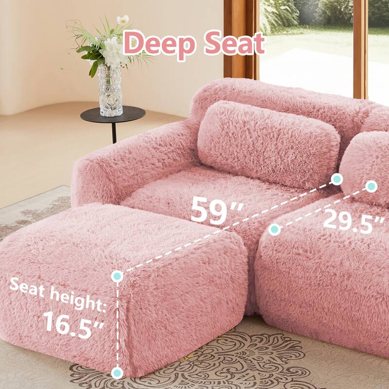 80" Soft Plush Fabric,Boneless Sofa, No Assembly Required, Bottom Anti-Slip Design With Chaise, With Ottoman, Deep Seat Design