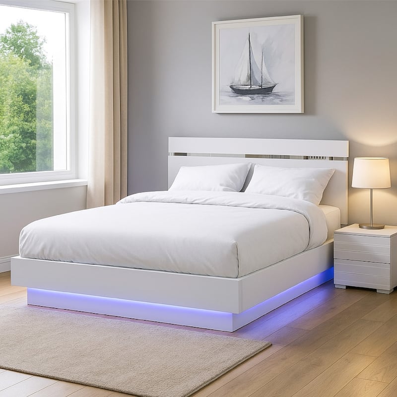 Pero Queen Size Bed, Chrome Accent Headboard, White LED Footboard