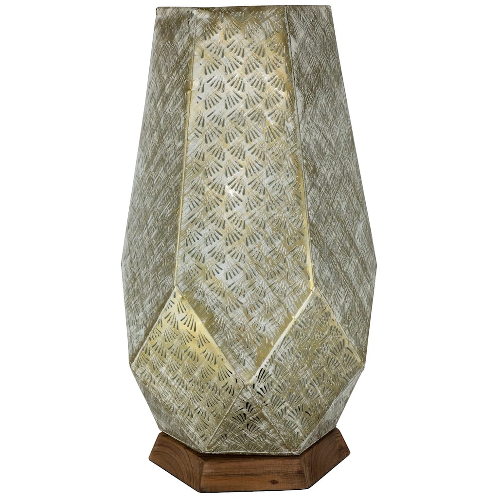 Laser-Cut Iron Table Lamp With Wooden Base - 16.75" - Gold and Brushed White - 16.75