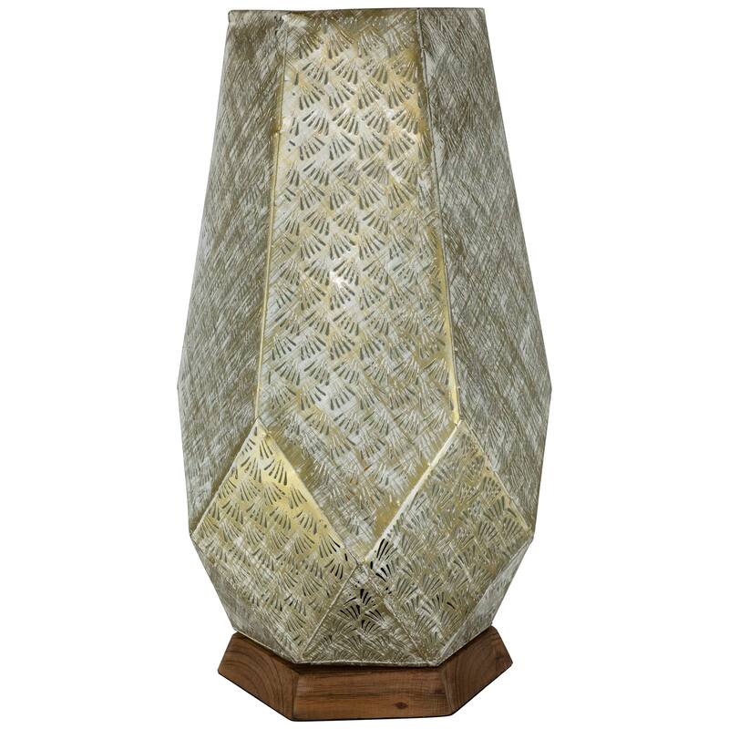 Laser-Cut Iron Table Lamp With Wooden Base - 16.75" - Gold and Brushed White - 16.75