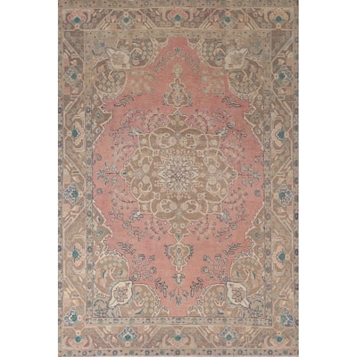 Pink Tabriz Persian Vintage Rug Hand-Knotted Floral Wool Carpet - 6'7"x 9'6"