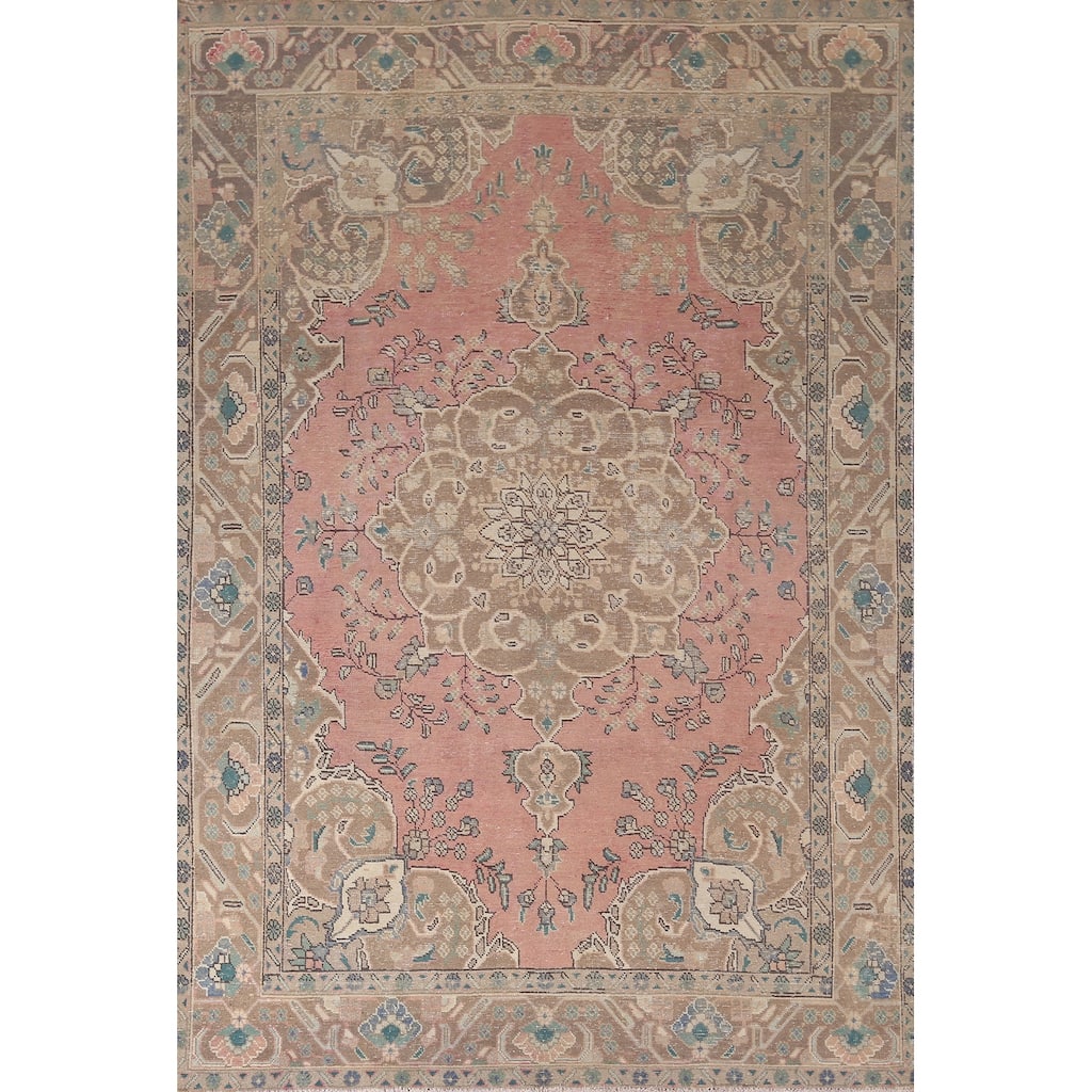 Pink Tabriz Persian Vintage Rug Hand-Knotted Floral Wool Carpet - 6'7"x 9'6"