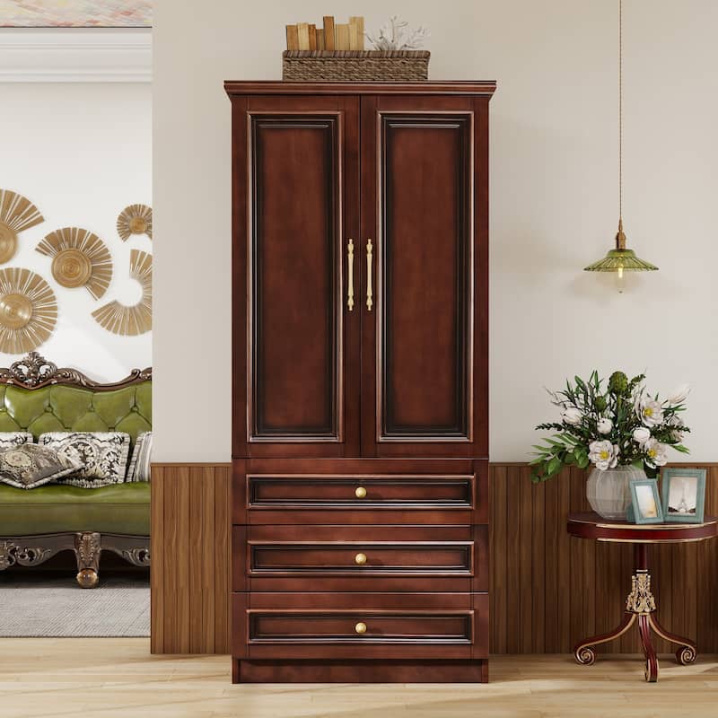 100% Solid Wood Armoire Wardrobe Closet, 70.87"H 2-Door Bedroom Armoire Closet with Hanging Rod/Drawers/Shelves, Walnut Finish