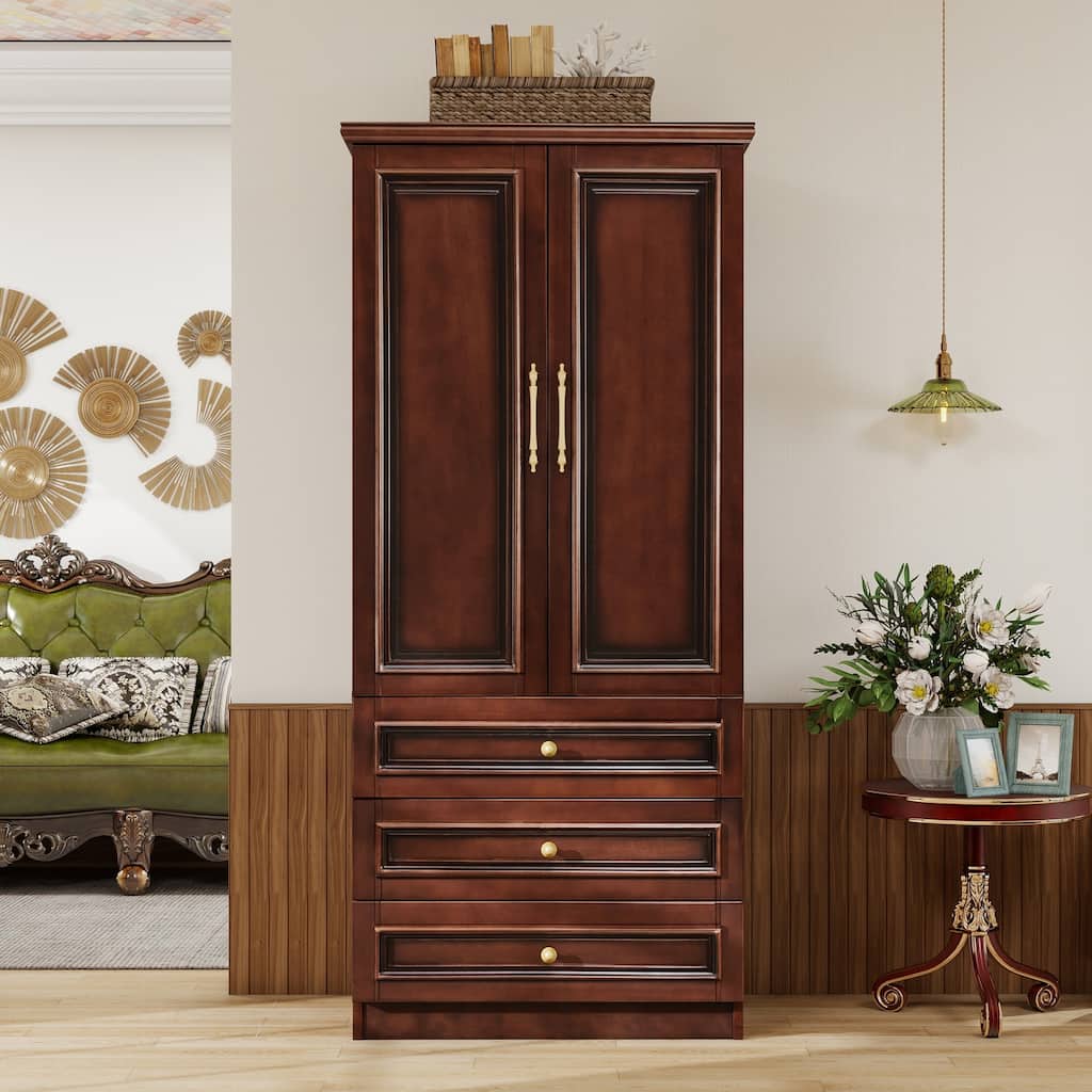 100% Solid Wood Armoire Wardrobe Closet, 70.87"H 2-Door Bedroom Armoire Closet with Hanging Rod/Drawers/Shelves, Walnut Finish
