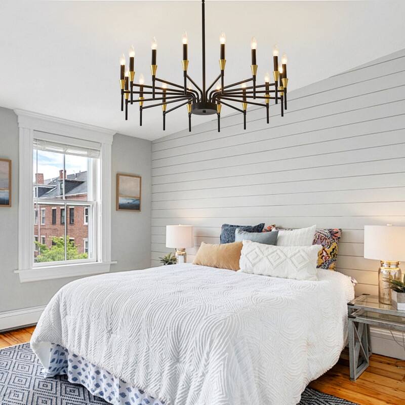 48-Inch Modern Black Farmhouse Chandelier，16-Light Industrial Round Hanging Light Fixture