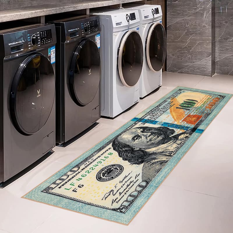 Laundry Room Rug Runner Text Design Non-Slip Runner Rug for Washroom - 20" x 59" - N/A - 100 Dollars Bill