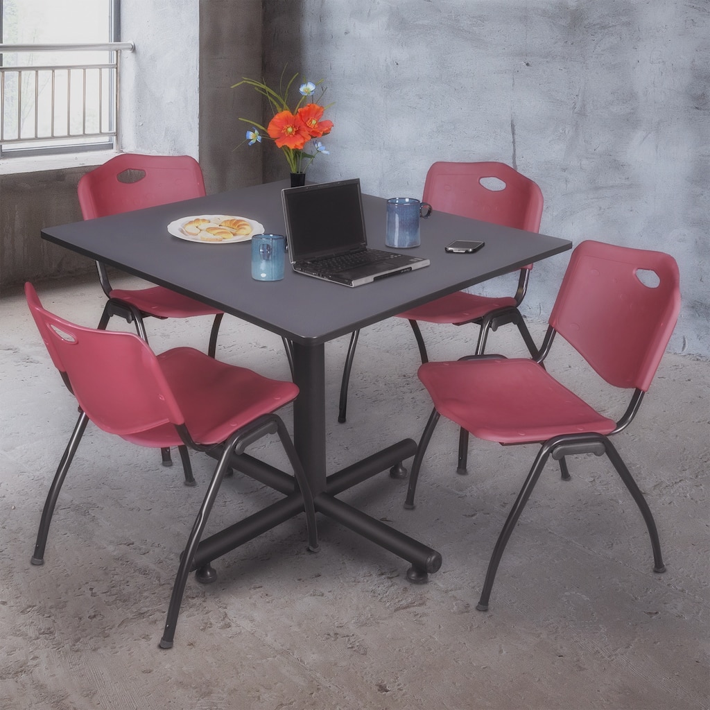 48 in. Square Breakroom Table- Grey & 4 'M' Stack Chairs- Burgundy