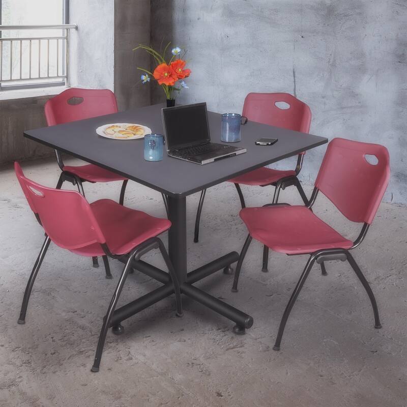 48 in. Square Breakroom Table- Grey & 4 'M' Stack Chairs- Burgundy