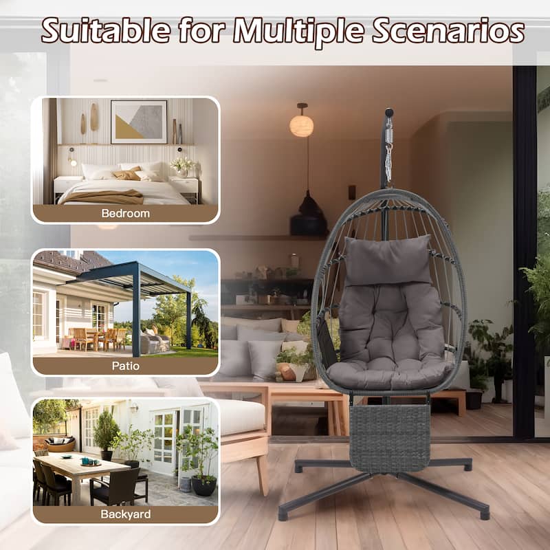 EROMMY Hanging Egg Chair with Stand, Foldable Indoor/Outdoor Swing Chair includes Cushion and Pillow, Patio Wicker Swing