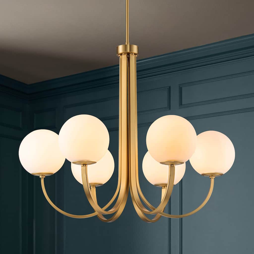 6-Light 32.2" Modern Gold Linear Cluster Globe Chandelier with Frosted Opal Glass Shade - 32.2 in. W x 26.7 in. H