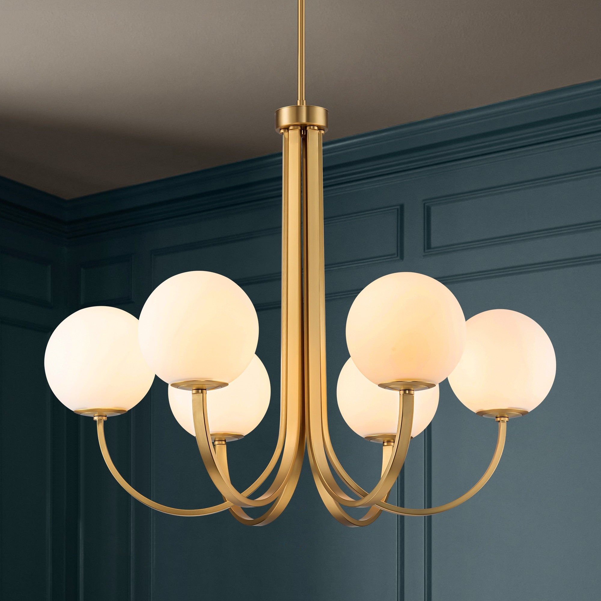 Rennnsan 6-Light 32.2" Modern Gold Linear Cluster Globe Chandelier with Frosted Opal Glass Shade - 32.2 in. W x 26.7 in. H