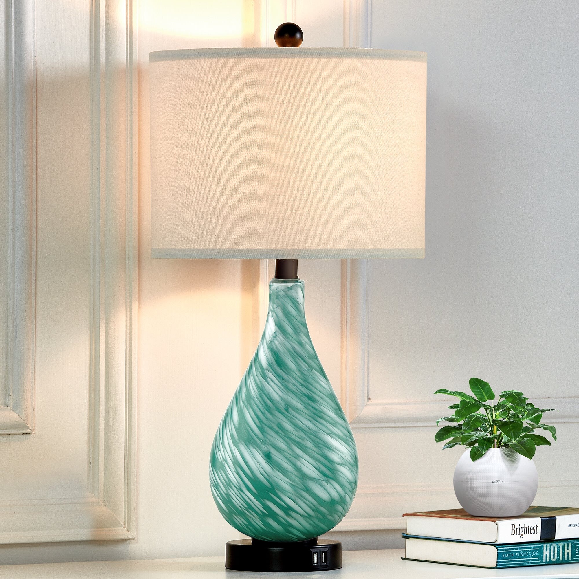 Cinkeda Modern 3 Way Dimmable Touch Table Lamps with USB Ports Green Glass Bedside Nightstand Lamp for Living Room Bedroom