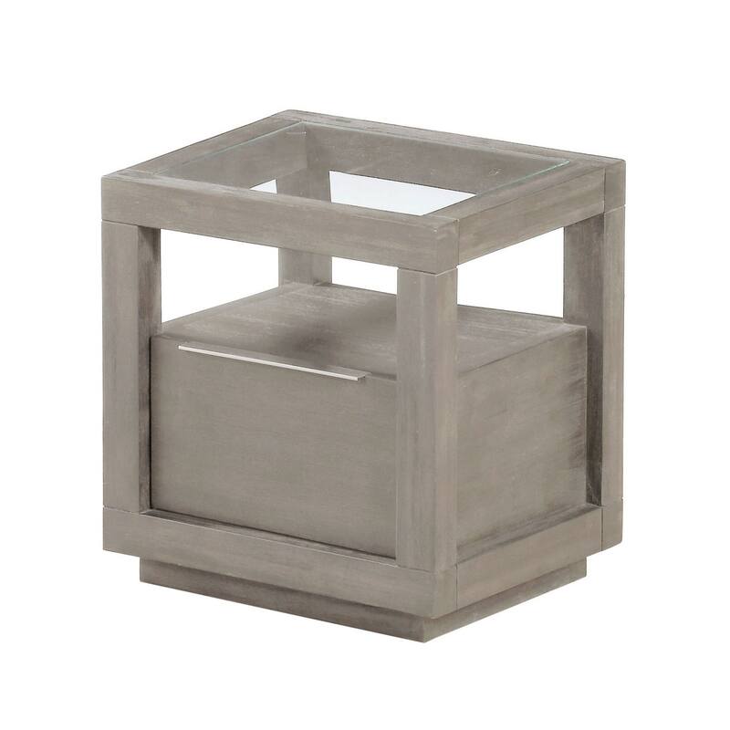 24 Inch End Table, 1 Drawer, Tempered Glass Surface, Plinth Base, Warm Gray