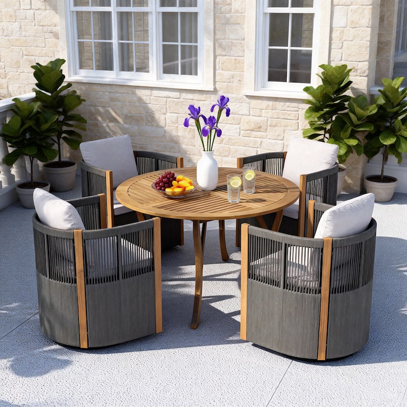 Christopher Knight Home - Faye 5-Piece Outdoor Acacia Wood Swivel Dining Set with Rope Cushioned Chairs & Curved-Leg Round Table - Teak Finish+Grey+Beige