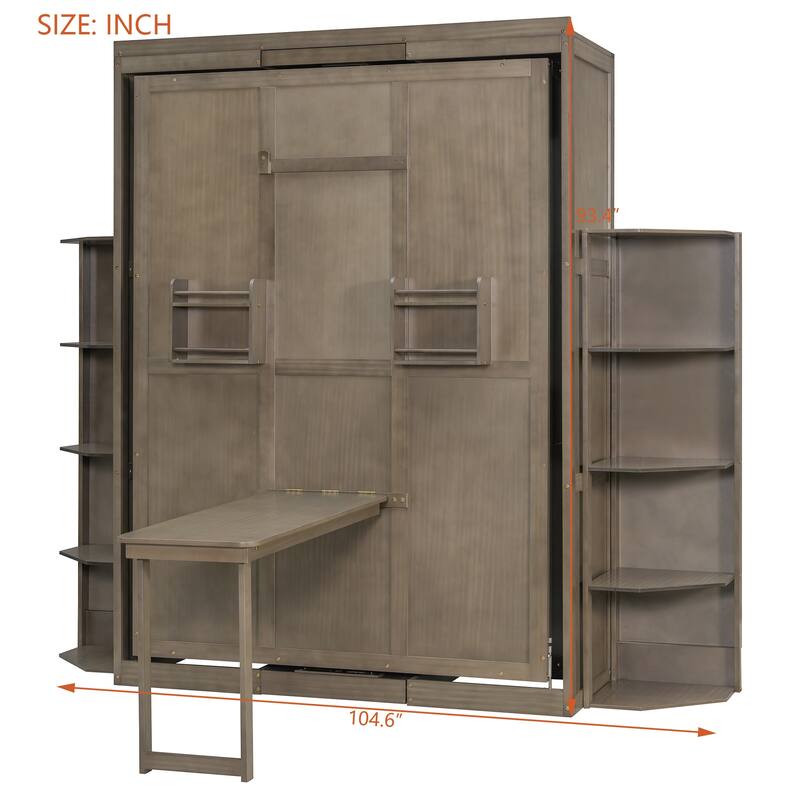 Queen Rotating Murphy Bed with Desk, Dual 3-Tier Side Shelves, Hidden Wall Cabinet, Space-Saving Wall Bed