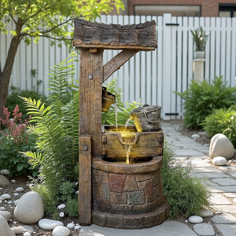 Vbal Hand Crafted Rustic Well Pump and Bucket Water Fountain with LED Lights
