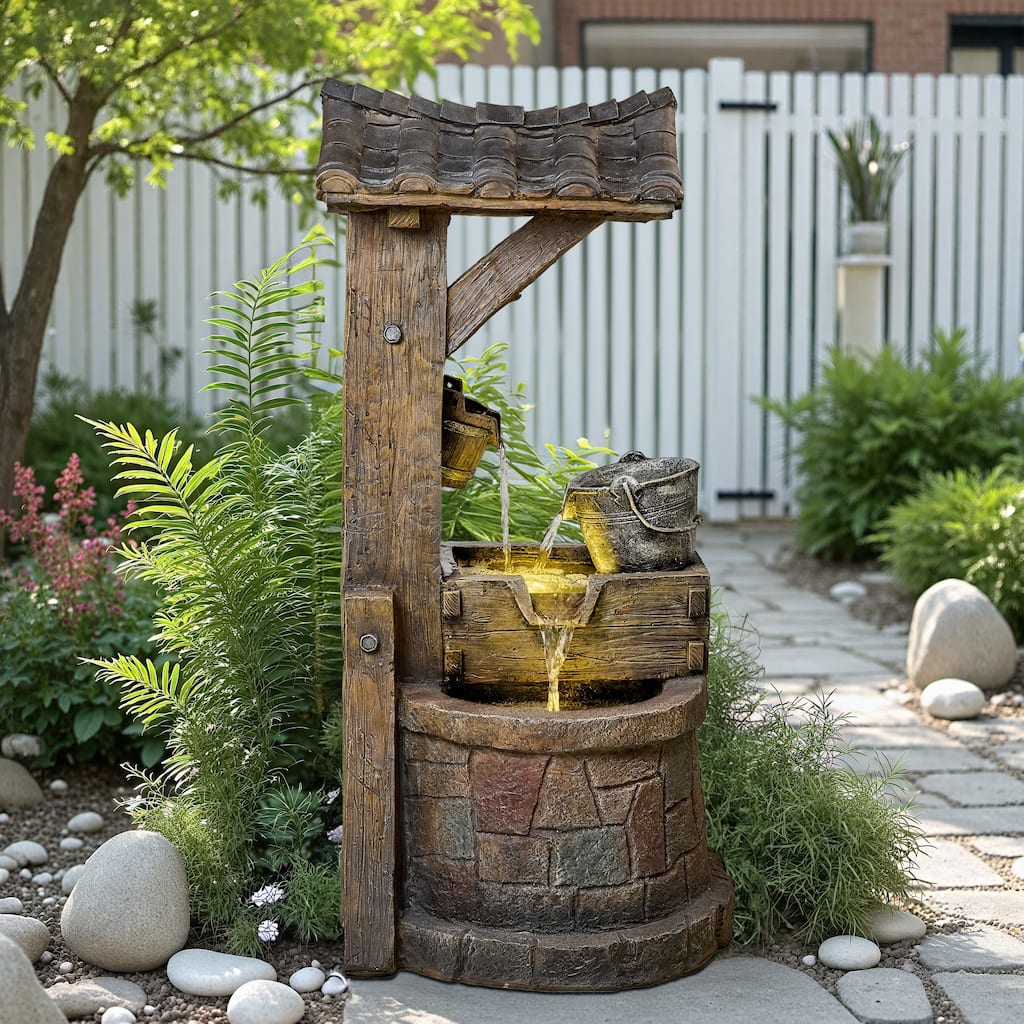 Vbal Hand Crafted Rustic Well Pump and Bucket Water Fountain with LED Lights