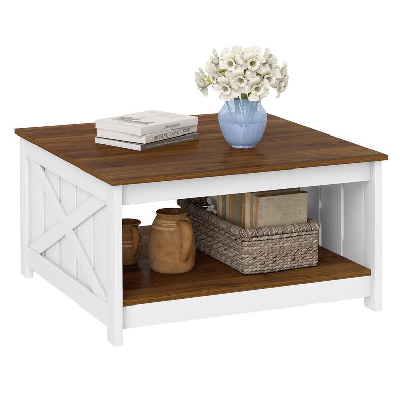 Gymax 31'' Wooden Square Coffee Table w/Storage Shelf Open Compartment - White, Brown - White, Brown - MDF