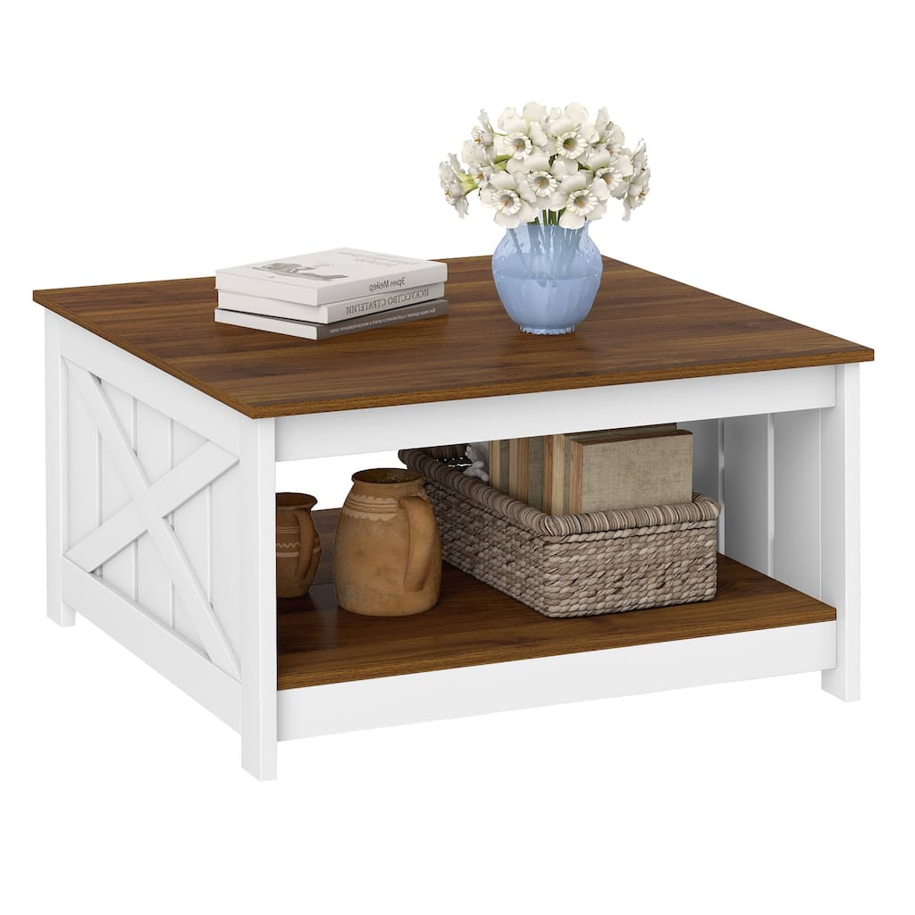 Gymax 31'' Wooden Square Coffee Table w/Storage Shelf Open Compartment - White, Brown
