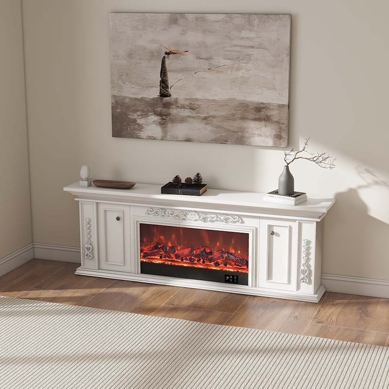 78.74" Modern Electric Fireplace TV Stand with LED Flame Effects，Beige TV Console, 2 Drawers, MDF - Beige - 78.74"