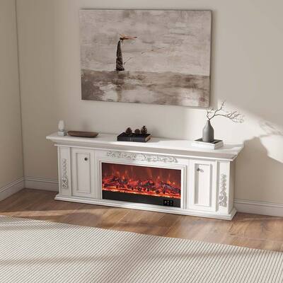 78.74" Modern Electric Fireplace TV Stand with LED Flame Effects，Beige TV Console, 2 Drawers, MDF