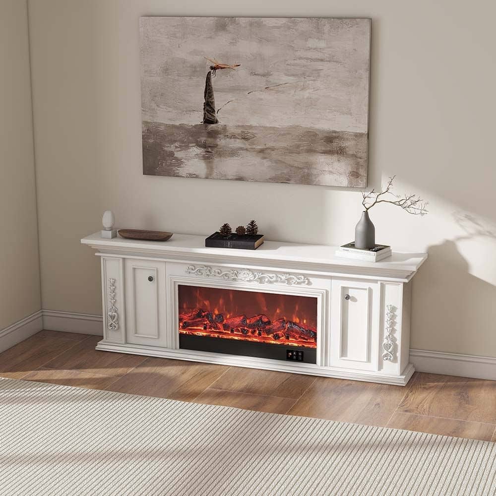 78.74" Modern Electric Fireplace TV Stand with LED Flame Effects,Beige TV Console, 2 Drawers, MDF