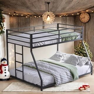 Black Durable Twin over Full Bunk Bed with Built-in Ladder and Guardrails