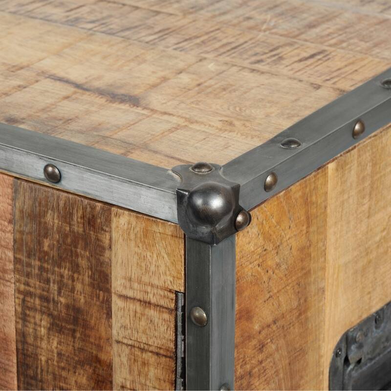 ExBrite Solid Wood Media Console 2 Doors Back Black Metal Legs for TV Table Bench Stand,Rich Rustic Oak Finish