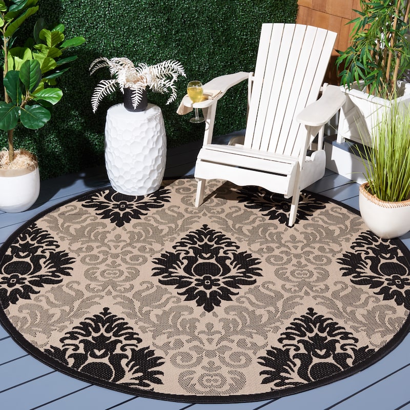 SAFAVIEH Courtyard Donara Boho Indoor/ Outdoor Waterproof Patio Backyard - 6'7" x 6'7" Round - Sand/Black