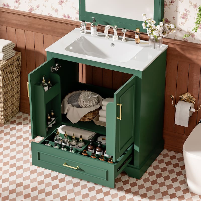 Bathroom Vanity with Ceramic Sink, Freestanding Storage Cabinet with Double Shelf, 1 Divider Drawer & 2 Soft-close Doors