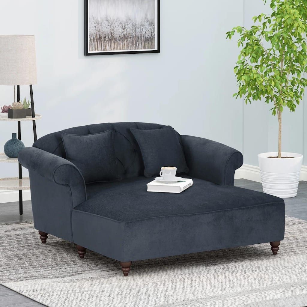 Roomfitters Oversized Chaise Lounge with Rolled Arms and Turned Wood Legs, Upholstered Reading Sofa for Living Room, Charcoal