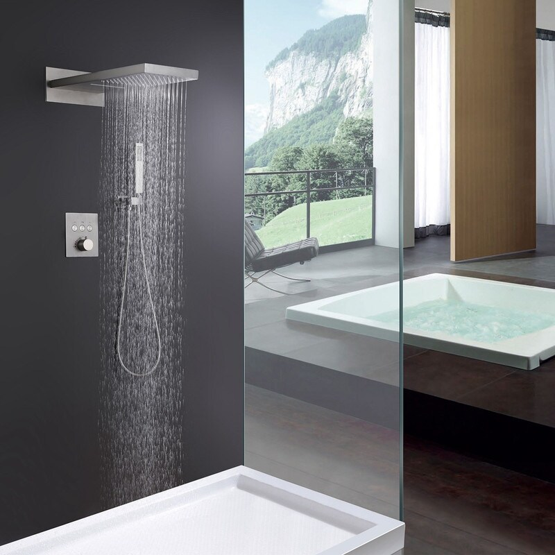 Brushed Nickel Wall Mount 20" Rectangle Rainfall & Waterfall Mixer Shower Head 