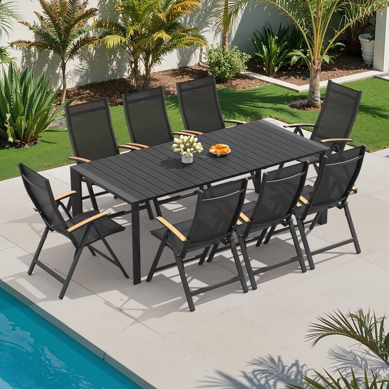 7/9-Piece Outdoor Patio Furniture Set Outdoor Aluminum Dining Table and Folding Chairs - Black - Set of 9