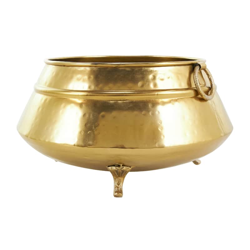 Gold Metal Hammered Pot Indoor Outdoor Planter with Scrolled Feet and Ring Handles (Set of 2)