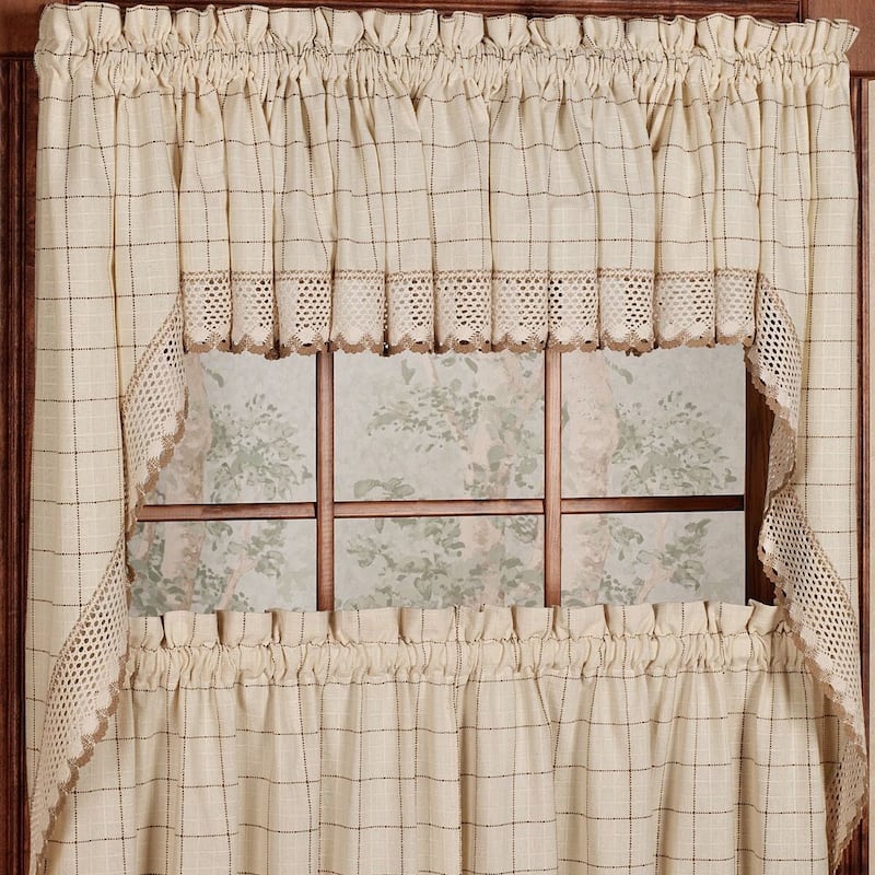 Cotton Classic Toast Window Pane Pattern and Crotchet Trim Tiers, Swags and Valance Options - swag pair 38 x 60