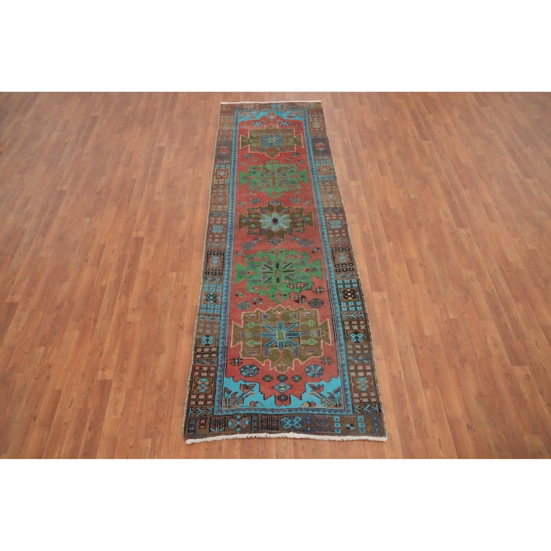 Hand Knotted Oriental 100% Wool Carpet Traditional Geometric Pink Hamedan Runner Rug - 9' 8'' X 3' 1''