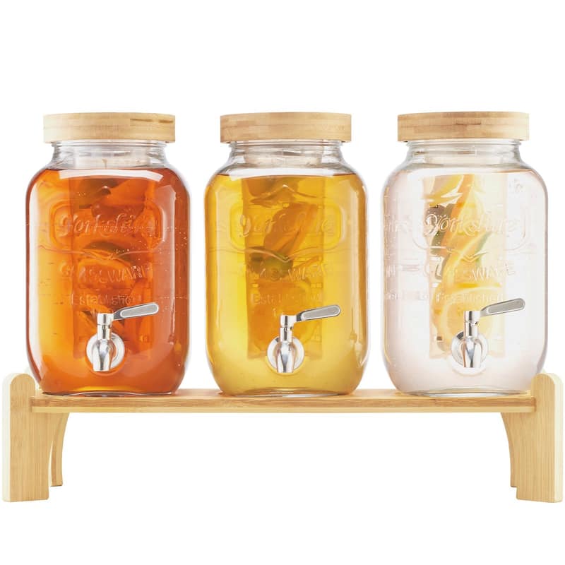Transparent Glass Three Cylinder Beverage Dispenser 3 Gallon with Wood Stand and Chalkboards - 20.08 x 7.09 x 13.78 in