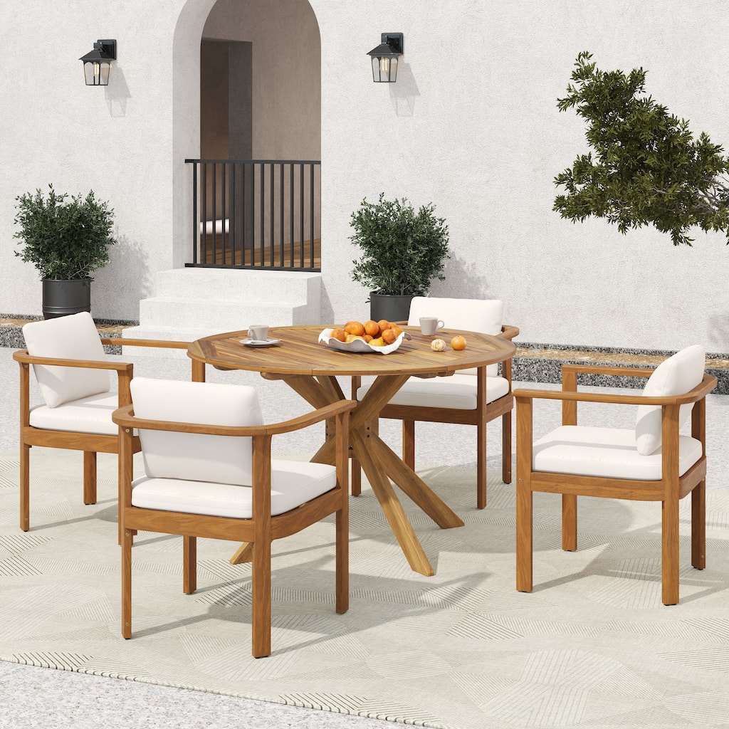 Christopher Knight Home - 5-Piece Outdoor Acacia Wood Dining Set with Curved Arm Chairs & Slat Round Table