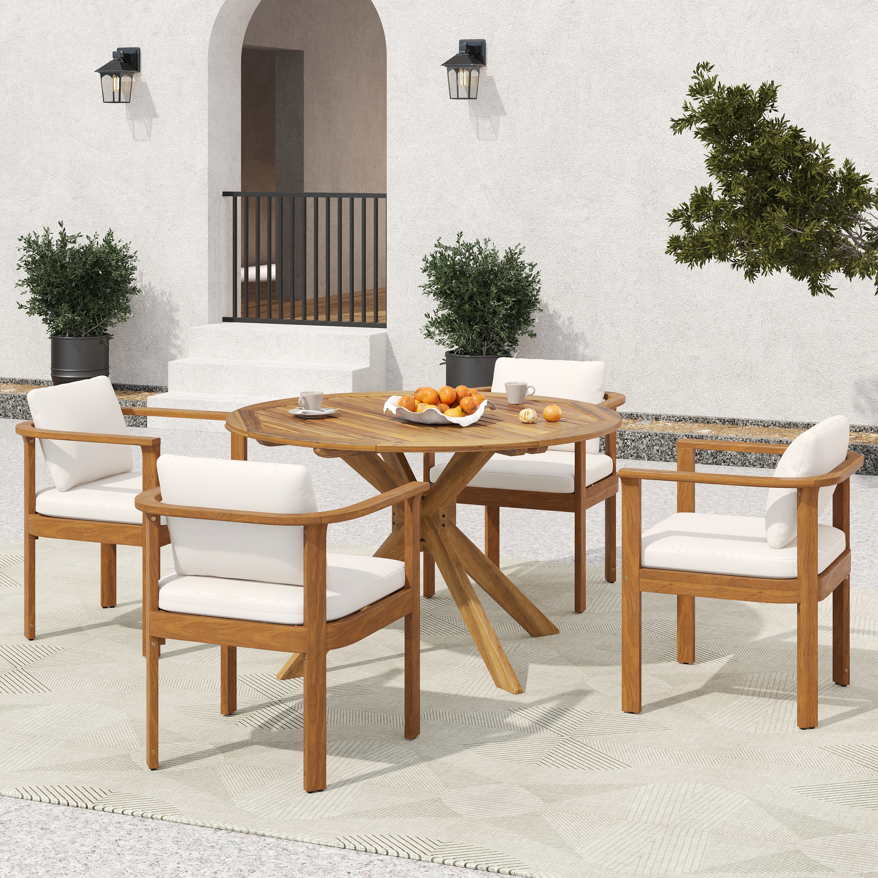 Christopher Knight Home - 5-Piece Outdoor Acacia Wood Dining Set with Sculpted Back Chairs & Slat Round Table