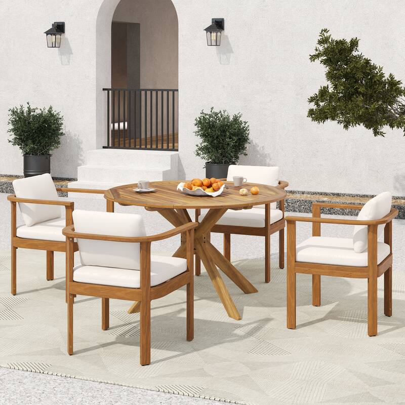 Christopher Knight Home - 5-Piece Outdoor Acacia Wood Dining Set with Sculpted Back Chairs & Slat Round Table - Teak Finish+Beige